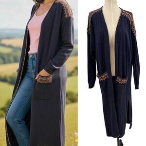 Soft Surroundings‎ Aztec Embroidered Duster Cardigan Sweater Blue Plus Size 2X